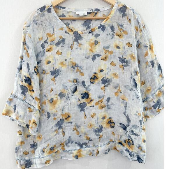 Pure Jill 100% Linen Floral Women Lagenlook Airy Sheer Weave Blouse Top L Petite - Picture 1 of 6